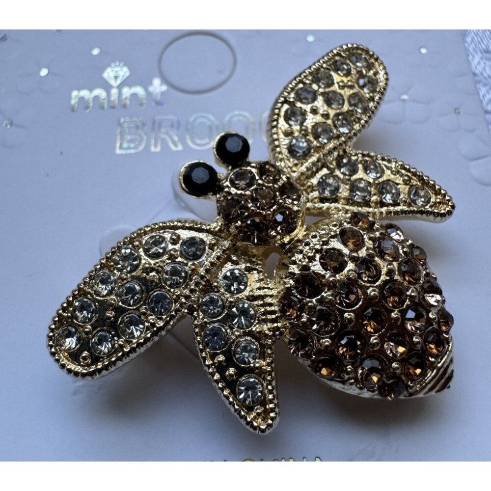 Mint Bumble Bee Rhinestone Copper Goldtone Butterfly Brooch 1.25" NEW
